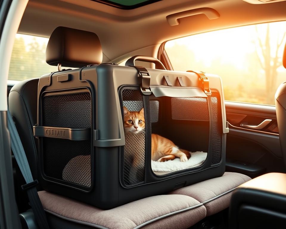 A large, sturdy cat carrier designed for safe and comfortable car travel. The carrier is made of high-quality, durable materials with a spacious interior, well-ventilated mesh panels, and secure latches. Perched on a plush, padded cushion, the carrier is positioned in the backseat of a sleek, modern car, bathed in warm, natural lighting that filters through the windows. The carrier's interior is cozy and inviting, with a soft, fluffy bedding for the cat's relaxation. The overall scene conveys a sense of security, convenience, and care for the feline passenger's well-being during the journey.