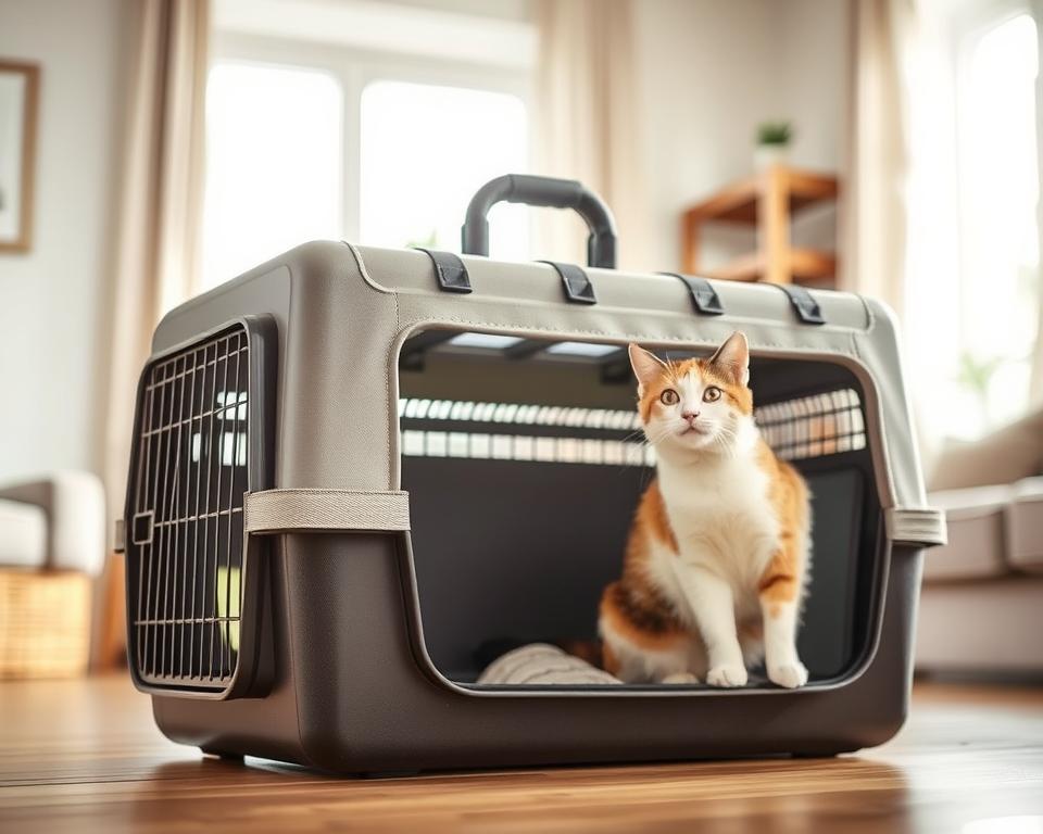 A large, sturdy cat carrier made of high-quality materials sits prominently in the foreground. The carrier features a spacious interior, ventilated sides, and a sturdy handle for easy transport. In the middle ground, the carrier is placed in a cozy, well-lit room, with natural light streaming in through a window, casting a warm glow. The background is softly blurred, creating a focus on the carrier. The overall scene conveys a sense of comfort, practicality, and consideration for the needs of larger feline companions.