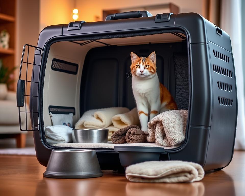 A large, sturdy cat carrier stands prominently in the foreground, its sleek design and durable construction showcasing its suitability for transporting large felines. Soft, plush padding lines the interior, ensuring a comfortable journey for the cat. The carrier features ventilated panels, allowing for ample airflow and visibility. In the middle ground, various accessories, such as a collapsible water bowl and a cozy blanket, are neatly arranged, highlighting the carrier's versatility. The background depicts a tranquil domestic setting, with warm lighting casting a gentle glow, conveying a sense of security and care for the well-being of the cat.