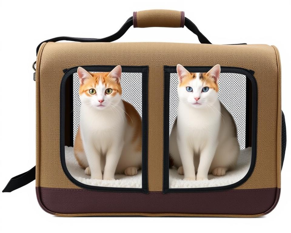 A large, sturdy dual cat carrier made of high-quality canvas and mesh. The carrier has two separate compartments, allowing two felines to travel comfortably side-by-side. The carrier features a top-loading design with ample ventilation, plus a padded shoulder strap for easy transport. Soft, plush bedding lines the floor of each compartment, creating a cozy and secure environment for the cats. The carrier's muted earth-tone color palette and sleek, minimalist design make it an attractive, budget-friendly option that will seamlessly blend into any home decor.