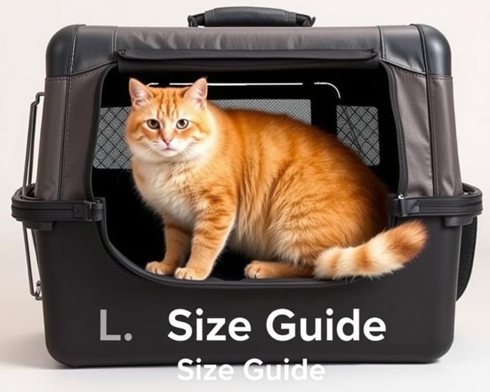 A large, sturdy travel carrier sits prominently in the frame, designed to comfortably accommodate a sizeable feline companion. The carrier's dimensions are clearly visible, showcasing its ample interior space and sturdy construction. Subtle shadows and carefully positioned lighting create depth and emphasize the carrier's volume, while a clean, neutral background allows the subject to take center stage. The overall composition conveys a sense of practicality and attention to the needs of large cats, setting the stage for the informative "Size Guide" section of the article.