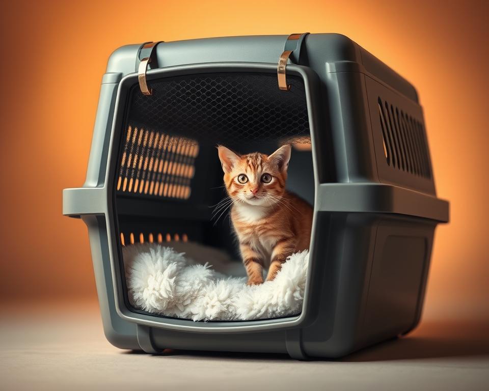 A large, well-ventilated cat carrier stands in a softly lit studio setting. The carrier's front panel features a prominent mesh vent, allowing ample airflow for the feline passenger. The sturdy plastic shell is accented with brushed metal hardware, conveying a sense of quality and durability. Soft, plush bedding lines the interior, creating a cozy, comfortable space. Warm, diffused lighting gently illuminates the scene, highlighting the carrier's thoughtful design. The overall impression is one of safety, functionality, and care for the cat's well-being during travel.