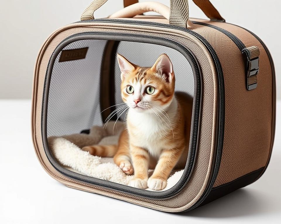 A lightweight, compact cat carrier made of durable, breathable mesh material, with sturdy handles and a reinforced bottom for easy transport. The carrier is designed to comfortably fit a small to medium-sized feline, with ample ventilation and a secure, adjustable strap for a snug, customized fit. Soft, plush bedding lines the interior, creating a cozy, calming environment for the cat during travel. The carrier is artfully crafted in a neutral, earthy tone that complements the minimalist, modern aesthetic of the UK traveller's lifestyle.