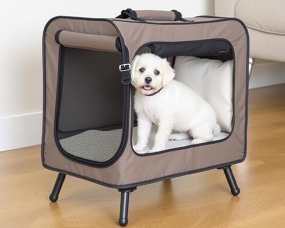 A lightweight, portable pet carrier with a sturdy yet sleek design, featuring a mesh panel on the front for ventilation and visibility. The carrier is elevated off the ground on four strong, durable legs, creating a comfortable, off-the-floor experience for the pet. Soft, plush cushioning lines the interior, providing a cozy and secure environment. The carrier is crafted from high-quality, scratch-resistant materials in a muted, neutral color palette that complements any decor. Discreet, adjustable straps allow for easy hands-free carrying, making this an ideal choice for on-the-go adventures with your furry companion.