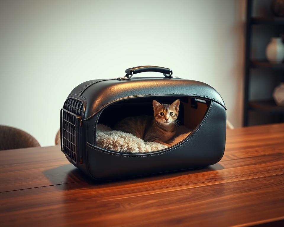 A luxurious cat carrier rests on a polished wooden table, its sleek leather exterior gleaming under the warm, soft lighting. The carrier's interior is lined with plush, cushioned fabric, creating a cozy and comfortable space for a discerning feline companion. In the background, a minimalist, modern decor sets the tone, with clean lines and muted tones that complement the carrier's sophisticated design. The overall scene exudes an air of elegance and refinement, showcasing the perfect accessory for the discerning cat owner.