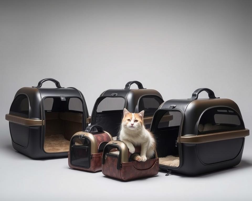 A luxurious collection of premium cat carriers in various sizes and styles, showcasing sleek, modern designs with attention to functional details. Plush, well-ventilated interiors and durable, scratch-resistant exteriors in a range of sophisticated color palettes. Seamless blending of form and function, creating a harmonious balance of comfort and style for the discerning feline traveler. Soft, diffused lighting gently illuminates the carriers, highlighting their premium quality and premium appeal. Captured at a flattering angle to showcase the carriers' elegant silhouettes and thoughtful craftsmanship.