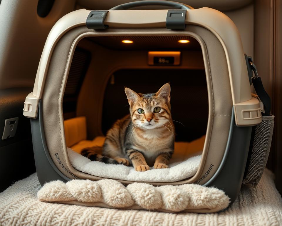 A luxurious feline travel carrier resting on a soft, plush cushion. The carrier features rounded edges, a sturdy yet breathable mesh panel, and a secure latch system. Warm lighting from above casts a cozy glow, while subtle patterns on the exterior evoke the elegance of the cat's natural habitat. The carrier's interior is lined with a comfortable, removable fleece pad, ensuring maximum comfort during extended journeys. A discreet side compartment houses necessary accessories, keeping the cat's essentials neatly organized. This premium carrier seamlessly blends form and function, offering a secure and tranquil environment for the discerning feline traveler.