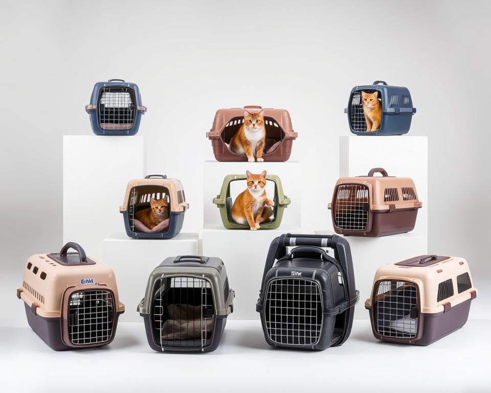 A meticulously crafted comparison of various B&M cat carriers, showcased in a well-lit studio setting. The foreground features a selection of carriers in different sizes, shapes, and colors, their features and materials clearly visible. The middle ground highlights the carriers in use, with feline models posing calmly inside, conveying the carriers' comfort and functionality. The background subtly blends in, showcasing a neutral, minimalist environment that allows the carriers to take center stage. The lighting is soft and even, creating a crisp, professional look that emphasizes the carriers' quality and design. The overall composition is balanced, with a clean, elegant aesthetic that invites the viewer to closely examine and compare the available options.
