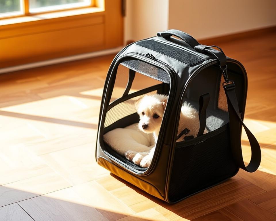 A multi-functional pet carrier standing on a wooden floor, illuminated by warm, natural light from a nearby window. The carrier is constructed of sturdy, high-quality materials, with a sleek, modern design featuring a combination of mesh panels and hard-sided compartments. The front panel can be opened to allow easy access, and the carrier includes adjustable shoulder straps for comfortable hands-free transport. Inside, plush bedding and a secure leash attachment provide a cozy, safe environment for a small dog or cat. The carrier's versatile design allows it to be used for everyday walks, travel, and even as a temporary pet habitat at home or on the go.