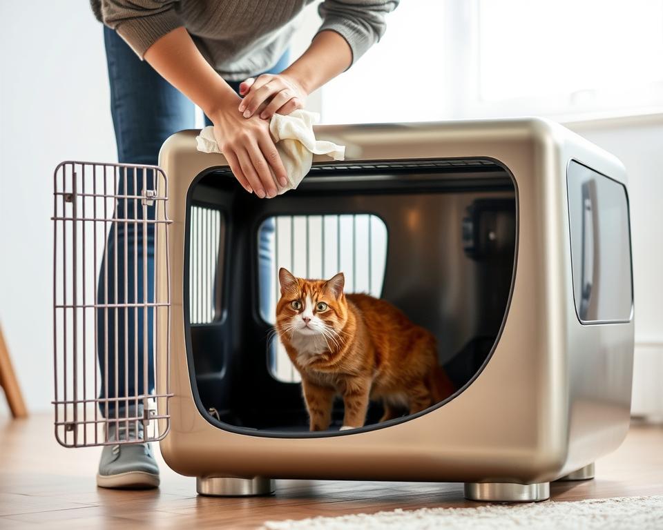 A person carefully cleaning and maintaining a stylish, modern cat box carrier in a well-lit, airy room. The carrier is made of high-quality materials like brushed metal and tempered glass, with a sleek, minimalist design. The person is using a soft cloth and gentle cleaning solution to wipe down the interior and exterior of the carrier, ensuring it remains spotless and hygienic for their feline companion's comfort and safety. The scene conveys a sense of attentiveness, responsibility, and dedication to providing the best possible care for the cat.