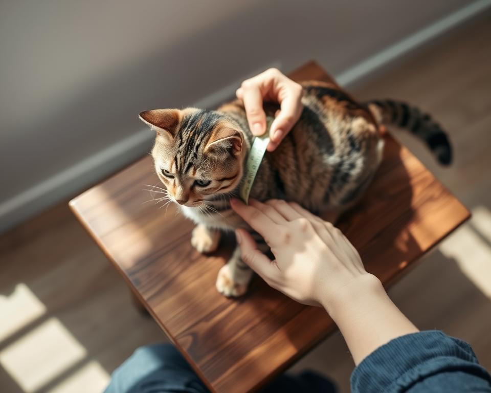 A person gently measuring their tabby cat with a tape measure, holding the feline securely yet comfortably on a wooden surface. The cat appears calm and cooperative, with its paws and tail visible. Soft, diffused natural lighting casts gentle shadows, creating a serene and intimate atmosphere. The camera angle is positioned slightly above, providing a clear view of the measuring process. The background is minimal, allowing the cat and the measurement activity to be the focal point of the image.