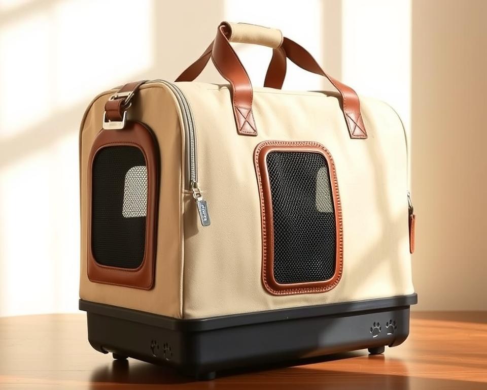 A portable pet carrier made of high-quality, durable beige canvas material with brown leather accents. The carrier has a sturdy top handle, adjustable shoulder strap, and ventilated mesh panels for airflow. It sits upright on a hard plastic base with subtle paw print detailing. The carrier is photographed in a warm, natural lighting setup, highlighting its practical yet stylish design, capturing the essence of the "Ultimate Guide to Choosing the Perfect Cat Carrier Bag."