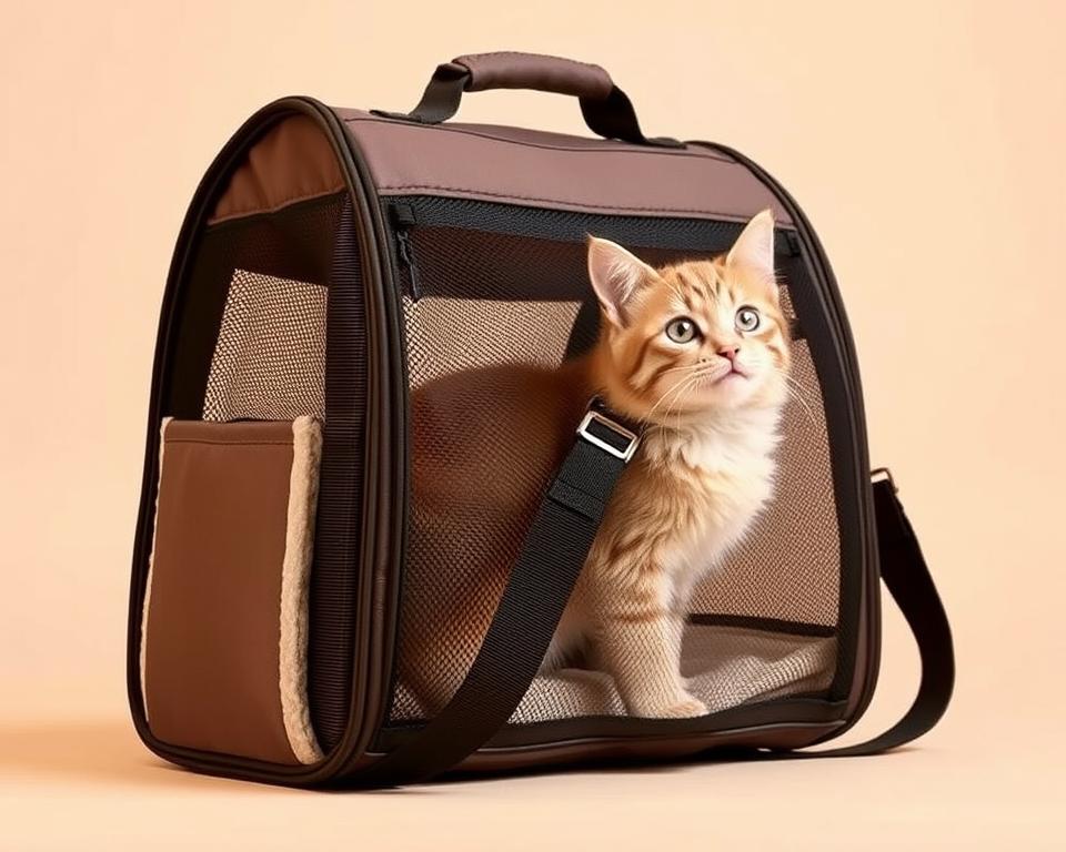 A portable, stylish cat carrier sack with a soft, plush interior and reinforced mesh panels for ventilation. The sack features adjustable straps and a zippered top for easy access, allowing your feline companion to travel in comfort. The carrier is set against a plain, neutral-toned background, allowing the design to take center stage. The lighting is warm and diffused, creating a cozy, inviting atmosphere. The camera angle is slightly elevated, providing a clear, unobstructed view of the carrier's features.