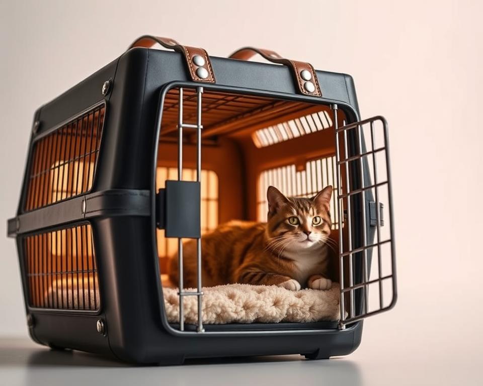 A premium big cat carrier with a sleek, sturdy design, lit by soft, warm lighting. The carrier features a reinforced metal frame, puncture-resistant exterior, and secure latch system, ensuring the safety and comfort of your feline companion. The spacious interior is lined with plush, removable bedding, allowing your cat to rest and travel in style. In the foreground, the carrier's premium leather handles and accents convey a sense of quality and sophistication. Subtle, brushed metal detailing on the sides and corners adds a touch of elegance. The background showcases a clean, minimalist setting, allowing the carrier to take center stage as the focal point.