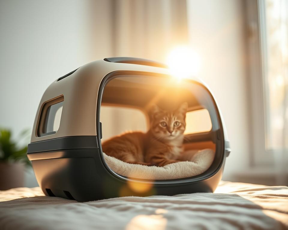 A premium cat carrier made of high-quality materials, resting on a plush velvet surface. The carrier has a sleek, modern design with a transparent panel, allowing the cat to look out comfortably. Soft padding lines the interior, creating a cozy, secure environment. Sunlight filters through a window, casting a warm, natural glow on the scene. The carrier is positioned in the foreground, with a blurred, minimalist background to draw the viewer's attention. The overall mood is one of luxury and care, reflecting the premium nature of the product.