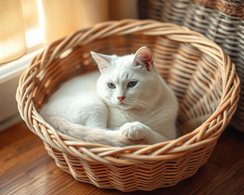 A pristine white cat nestled comfortably in a handwoven rattan basket, its soft fur contrasting against the natural fibers. The basket is placed on a hardwood floor, with warm, diffused lighting from a nearby window casting a gentle glow. The cat's expression is calm and content, its paws curled inward as it rests peacefully. The scene evokes a sense of tranquility and domesticity, with the basket serving as a cozy, secure haven for the feline companion.