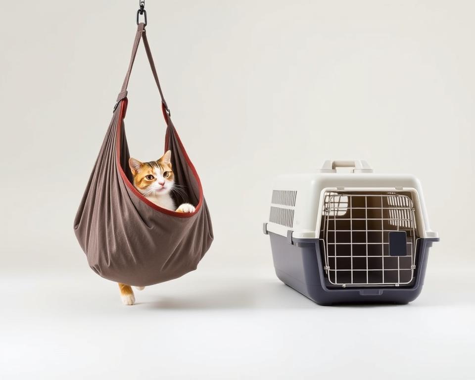 A side-by-side comparison of a modern sling cat carrier and a traditional rigid pet carrier, captured in a well-lit studio setting with a neutral background. The sling carrier, made of soft breathable fabric, is suspended gently, showcasing its versatile and comfortable design. The traditional carrier, with its sturdy plastic shell and metal grate, stands firmly on the surface, representing a more conventional approach to pet transport. Both carriers are rendered in intricate detail, allowing the viewer to appreciate the nuances of their construction and features. The lighting is soft and diffused, creating a sense of balance and clarity, while the camera angle provides an eye-level perspective, inviting the viewer to engage with the scene.
