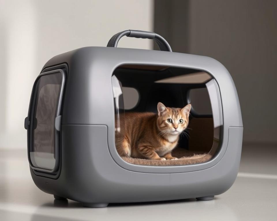 A sleek, airline-approved cat carrier in a muted gray color, with a transparent front panel and plush interior. The carrier is positioned in a well-lit setting, with a soft, diffused lighting that highlights the premium materials and thoughtful design. The carrier is depicted from a slightly low angle, conveying a sense of quality and attention to detail. The background is a clean, minimalist space, allowing the carrier to be the main focus of the image. The overall mood is one of sophistication and practicality, reflecting the needs of the modern air traveler and their beloved feline companion.