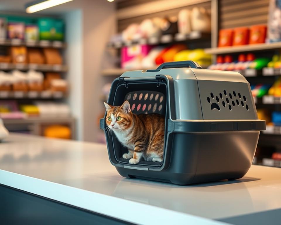 A sleek, airline-approved cat carrier made of durable, scratch-resistant material, sitting on a clean, well-lit counter in a modern pet store. The carrier has a mesh window for ventilation and a secure latch, ensuring your feline companion's comfort and safety during air travel. The lighting casts a warm, inviting glow, highlighting the carrier's premium design and attention to detail. The background features neatly organized pet supplies, conveying a sense of professionalism and attention to customer needs.
