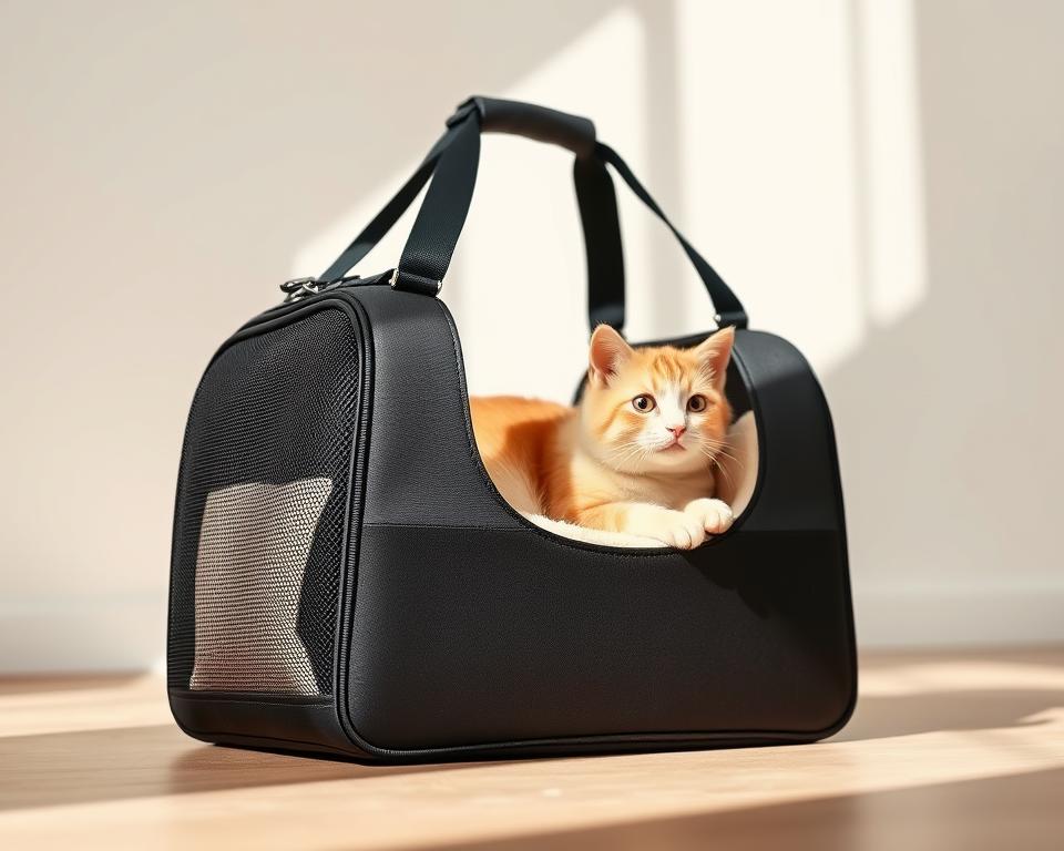 A sleek and modern cat carrier sack designed for easy travel. The sack features a stylish exterior with a plush interior, perfect for comfortably transporting your feline companion. The sack is made from high-quality materials, with breathable mesh panels and a sturdy, adjustable shoulder strap. Soft padding on the bottom provides cushioning, while the top-loading design allows for convenient access. The carrier is illuminated by soft, natural lighting, creating a warm and inviting atmosphere. Photographed from a low angle, the sack is showcased in a minimalist setting, emphasizing its versatility and practical features.