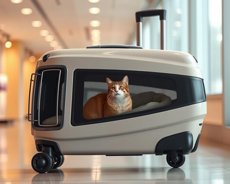 A sleek and modern cat carrier with sturdy wheels, designed for effortless transport. Showcased in a warm, inviting setting, the carrier features a spacious interior, well-ventilated mesh panels, and a comfortable padded interior. Soft lighting highlights the carrier's durable yet stylish construction, with a neutral tone that complements any decor. The wheels glide smoothly, allowing for easy maneuvering through bustling city streets or crowded airports. This versatile carrier offers the perfect balance of convenience and comfort, ensuring a stress-free journey for both you and your feline companion.