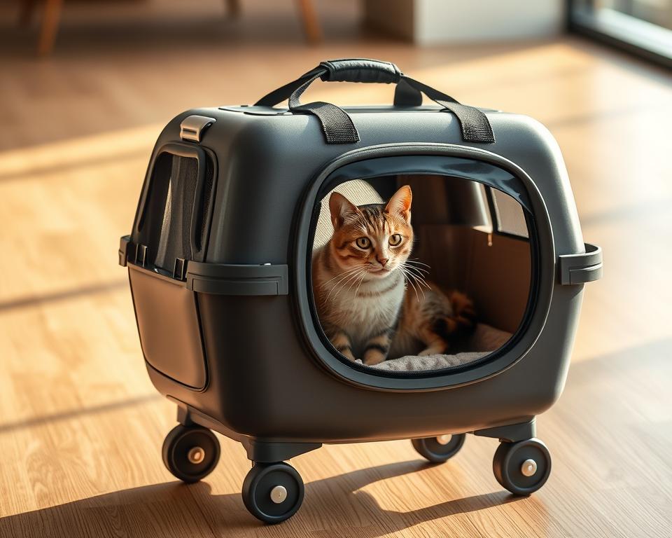 A sleek and practical cat carrier with smooth rolling wheels, designed for easy transportation. The carrier features a sturdy, yet lightweight plastic shell with a mesh window for ventilation, allowing your feline companion to observe their surroundings comfortably. Soft, plush padding lines the interior, ensuring a cozy and secure ride. Adjustable straps and a reinforced handle make it effortless to carry or roll. Sophisticated, neutral-toned accents complement any pet owner's style. Illuminated by warm, natural lighting, the carrier is photographed from a low angle, highlighting its thoughtful design and functional features that cater to the needs of both you and your beloved cat.