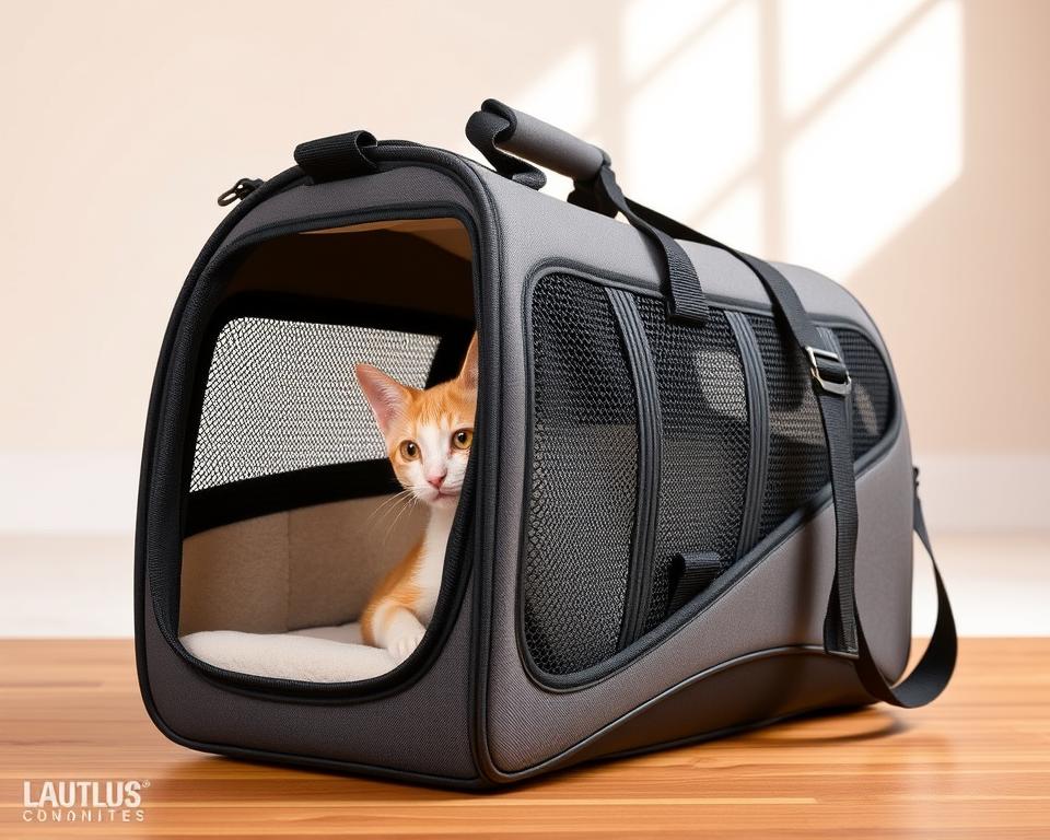 A sleek and specialized cat carrier in the foreground, crafted with premium materials and thoughtful design. Soft, plush interior lining for maximum comfort, with breathable mesh panels to ensure proper airflow. Sturdy, adjustable straps and reinforced handles for secure transport. In the middle ground, a minimalist, modern aesthetic with clean lines and a neutral color palette, complementing the carrier's functional elegance. The background features a simple, uncluttered studio setting, allowing the carrier to be the central focus, bathed in warm, natural lighting that accentuates the high-quality craftsmanship.