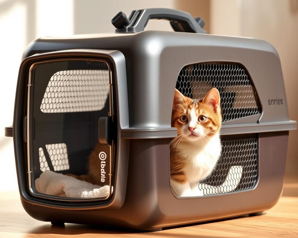 A sleek and sturdy cat carrier box, gleaming with a smooth, high-quality finish. The front panel is crafted from clear, shatterproof acrylic, allowing the cat to survey its surroundings comfortably. Sturdy metal mesh panels on the sides provide ample ventilation. The top handle and reinforced sides ensure a secure, ergonomic grip for easy transport. Soft, plush bedding lines the interior, creating a cozy, stress-free environment for the feline passenger. Subtle branding on the side discreetly identifies the carrier's make and model. Warm, natural lighting casts a gentle glow, highlighting the carrier's premium design and attention to detail, perfect for showcasing the ideal cat travel companion.