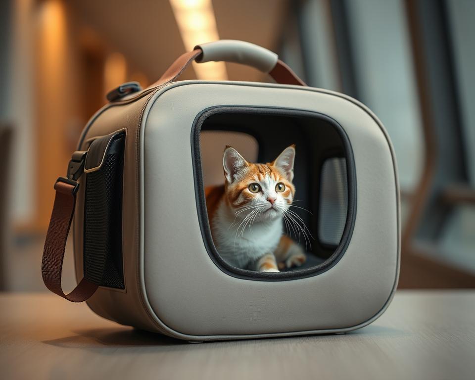 A sleek and sturdy cat carrier, designed for seamless travel. Crafted with high-quality, durable materials, it features a soft, breathable mesh window that allows your feline companion to observe the world while ensuring their comfort and safety. The carrier's ergonomic handle and adjustable shoulder strap offer convenience for the user, while the interior is spacious and well-ventilated, providing ample room for your cat to move about. Rendered in a neutral, modern color palette, the carrier blends effortlessly with your travel accessories, complementing your style. Soft, indirect lighting illuminates the scene, creating a calming, inviting atmosphere. The camera captures the carrier from a slightly elevated angle, showcasing its practical design and attention to detail.