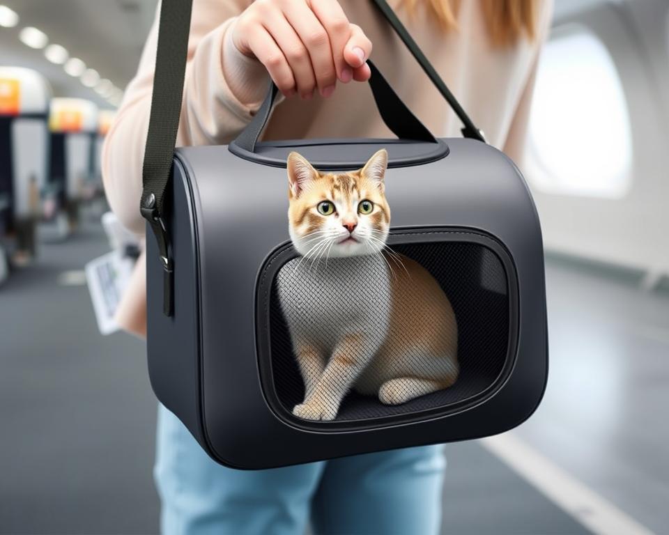 A sleek and stylish airline-approved cat carrier, crafted with durable yet lightweight materials. The carrier features a well-ventilated mesh panel on the front, allowing your feline companion to comfortably survey their surroundings. The top and side openings provide easy access for your pet, while the sturdy handle and adjustable shoulder strap make it comfortable to carry. The carrier is designed to seamlessly fit under the seat or in the overhead compartment, ensuring a stress-free travel experience for both you and your cat. Soft cushioning inside creates a cozy, secure environment, while the discreet yet sophisticated design blends perfectly with modern airport aesthetics.