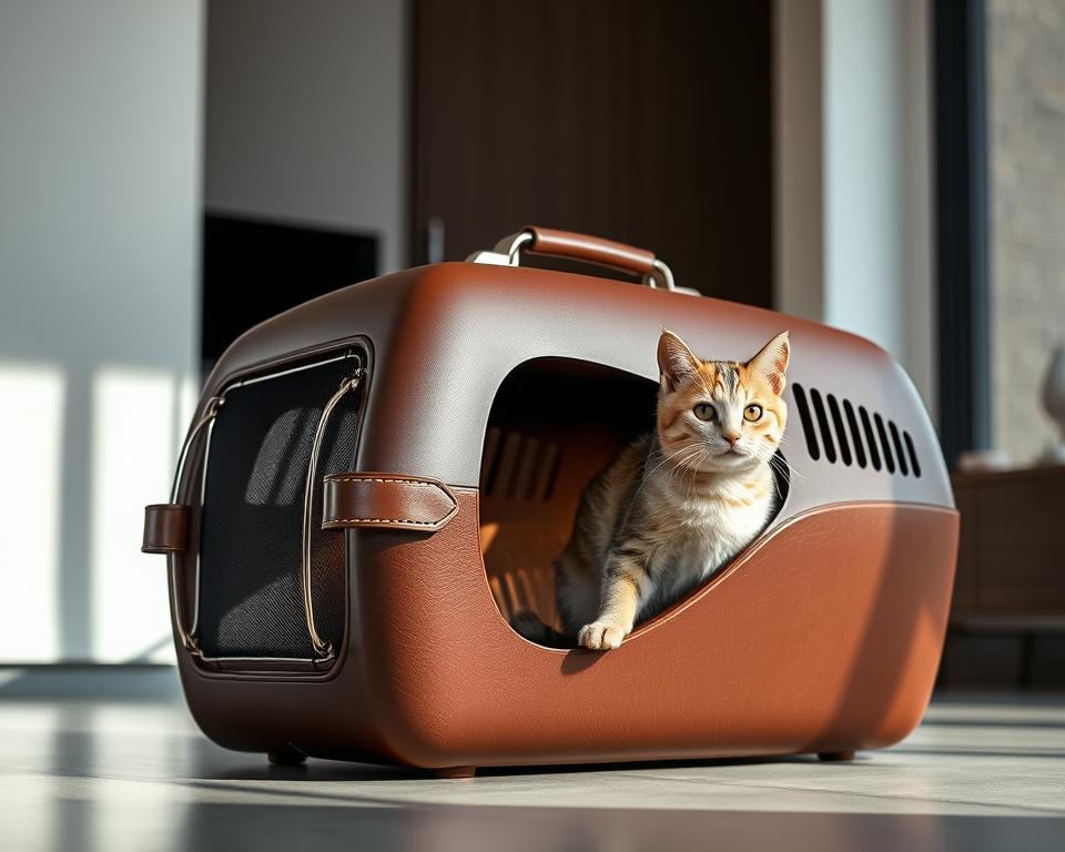 A sleek and stylish cat carrier rests in a well-lit, modern interior. The carrier is made of high-quality, durable materials like premium leather and sturdy metal hardware. The design features clean lines, elegant curves, and a sophisticated color palette, seamlessly blending form and function. The carrier is positioned in the foreground, with a soft, diffused lighting highlighting its premium craftsmanship. The background is a minimalist, contemporary setting, allowing the carrier to be the central focus. The overall scene conveys a sense of sophistication, practicality, and a deep consideration for the comfort and safety of the feline companion.
