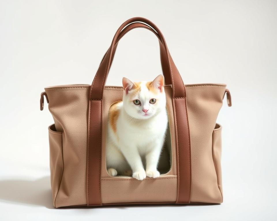 A sleek and stylish cat carrier tote, crafted with high-quality materials and a spacious interior. The carrier features a neutral-toned fabric exterior, with sturdy handles and a secure, ventilated design. Soft, padded lining ensures a comfortable journey for your feline companion. Optimal for easy transportation, the carrier seamlessly blends functionality and fashion, making it the perfect accessory for the discerning cat owner. Captured in a warm, natural lighting setup, the carrier is showcased against a clean, minimalist background, emphasizing its practical and sophisticated appeal.