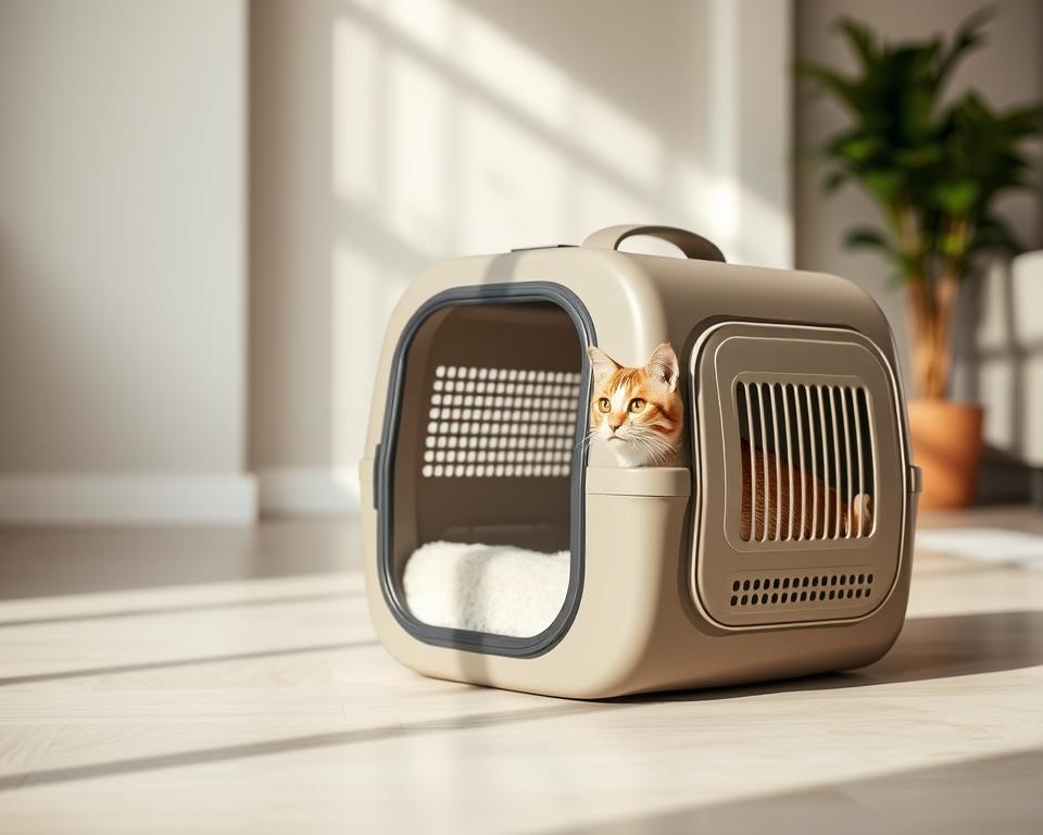 A sleek, collapsible cat carrier stands in a well-lit, modern home interior. The carrier's streamlined design features smooth, matte-finish panels in a neutral tone that seamlessly blends with the minimalist decor. Soft, plush bedding and ventilation panels ensure a comfortable journey for the feline passenger. The carrier is compactly folded, showcasing its space-saving capabilities, ready to be tucked away when not in use. Soft, diffused lighting casts a warm, inviting glow, creating a calming atmosphere that reflects the carrier's purpose of providing a stress-free travel experience for cats in the UK.