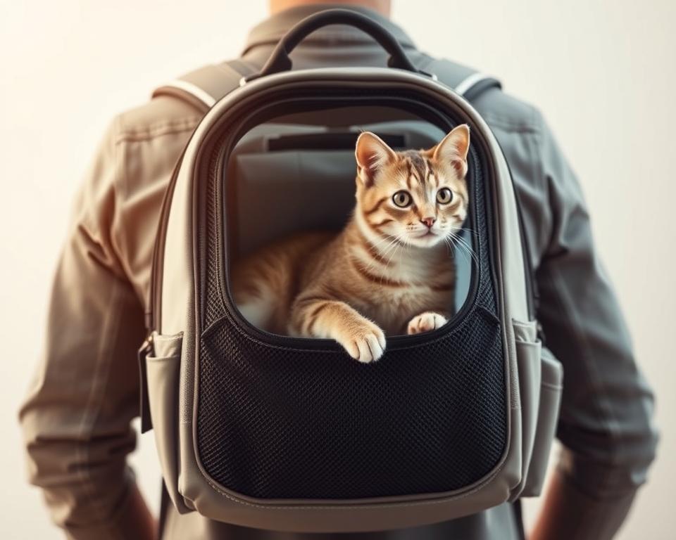 A sleek, contemporary cat carrier backpack with a front-facing transparent window, allowing your feline companion to survey the world while nestled comfortably on your back. The backpack is crafted from high-quality, durable materials in a neutral, versatile color palette that seamlessly integrates into any lifestyle. Adjustable padded straps provide a comfortable, hands-free carrying experience, while the breathable mesh panels ensure optimal airflow and ventilation for your pet's well-being. The backpack's interior is spacious and thoughtfully designed, featuring a secure leash attachment point and ample storage compartments for your cat's essentials. Captured in a warm, natural light with a clean, minimalist aesthetic, this image showcases the perfect blend of form and function for the modern, adventure-seeking cat owner.