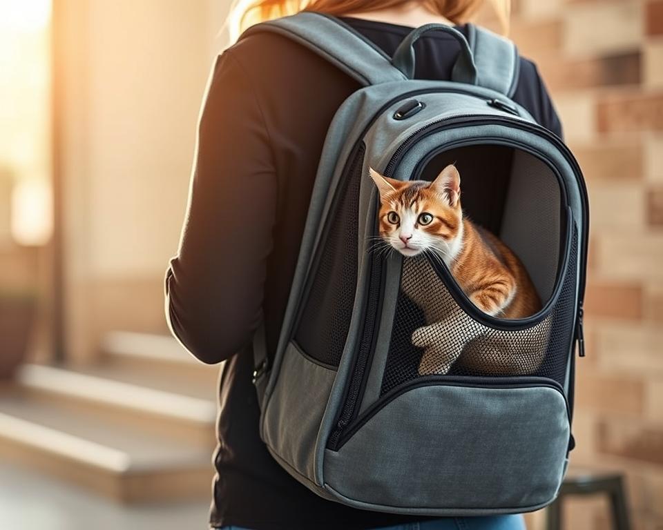 A sleek, ergonomic cat backpack carrier in soft, plush fabric with breathable mesh panels. The adjustable, padded shoulder straps and waist belt provide a comfortable, secure fit for the feline passenger. The carrier features a spacious, well-ventilated interior with a cushioned base, allowing your cat to travel in style and comfort. Captured in a warm, natural light with a shallow depth of field, emphasizing the carrier's thoughtful design details. The image showcases the carrier's practicality and versatility, making it an ideal choice for stylish cat owners on the go.