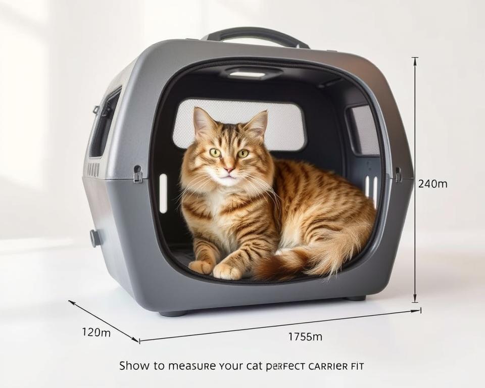 A sleek, high-quality cat carrier made of premium materials, standing in a bright, airy studio with soft, even lighting. The carrier is positioned at a slight angle, showcasing its stylish design and ample space for a feline companion. Inside, a fluffy tabby cat lounges comfortably, its expressive eyes and content expression visible through the transparent mesh panels. The carrier's dimensions are clearly marked, providing a visual reference for the "How to Measure Your Cat for the Perfect Carrier Fit" section of the article.