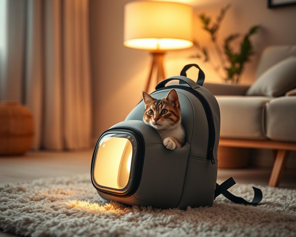 A sleek, modern cat backpack carrier nestled amidst a cozy, minimalist living space. The carrier features a transparent front window, allowing the feline occupant to peer out curiously. Soft, padded shoulder straps and a lightweight, durable design ensure the comfort and security of the cat during transportation. Warm, diffused lighting from a nearby floor lamp casts a gentle glow, creating a soothing, home-like atmosphere. The carrier is positioned on a plush, neutral-toned rug, complementing the understated elegance of the surrounding decor. Subtle hints of greenery and natural wood accents lend a touch of nature to the serene, inviting scene.