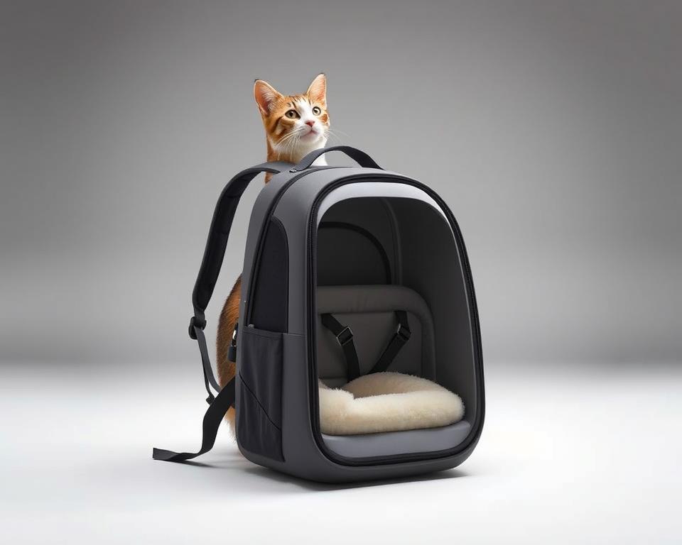 A sleek, modern cat carrier backpack stands prominently in the foreground, its design blending form and function. The backpack features a transparent front panel, allowing the feline passenger to peer out curiously. Ergonomic shoulder straps and a padded back ensure comfortable wear for the human companion. In the middle ground, the backpack's interior is visible, showcasing plush bedding and secure tethers to keep the cat safe and content during travel. The background is a minimalist, studio-like setting, with soft, diffused lighting highlighting the backpack's clean lines and premium materials. An air of innovation and practicality pervades the scene, reflecting the "Innovative Cat Carrier Backpacks" section of the article.