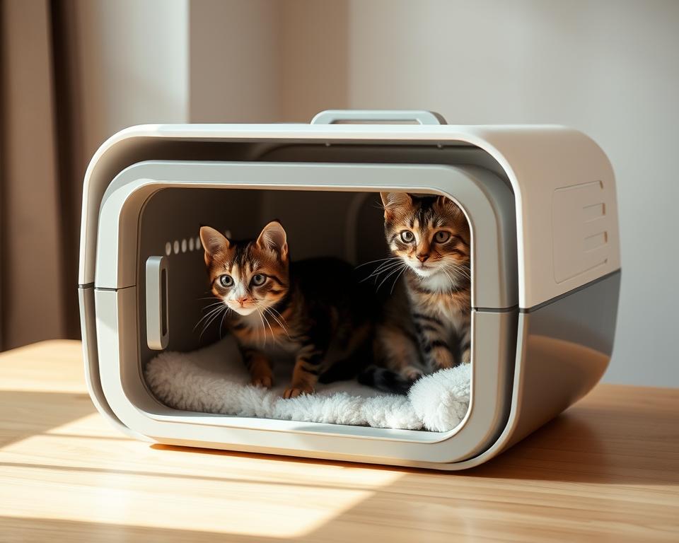 A sleek, modern cat carrier box rests in a well-lit, minimalist setting. The box features clean lines, a sturdy construction, and a transparent door, allowing the feline inhabitant to peer out curiously. Soft, plush bedding lines the interior, providing a cozy, comfortable space. The box is positioned on a smooth, wooden surface, perhaps a table or shelf, creating an inviting, domestic atmosphere. Gentle, natural lighting filters in, casting a warm, soothing glow on the scene. The overall impression is one of reliability, convenience, and a harmonious integration of form and function, perfectly suited for the "Carrier Box Cat" featured in the article.