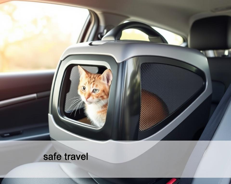 A sleek, modern cat carrier designed for safe car travel. It has a durable plastic shell with mesh panels for airflow, padded interior for comfort, and reinforced handle for easy carrying. The carrier is placed on the car seat, secured with seatbelt, with the cat comfortably nestled inside, peering out the mesh window. Soft, natural lighting filters through the car windows, illuminating the carrier's clean lines and the cat's curious expression. The background is blurred, emphasizing the carrier as the focal point.