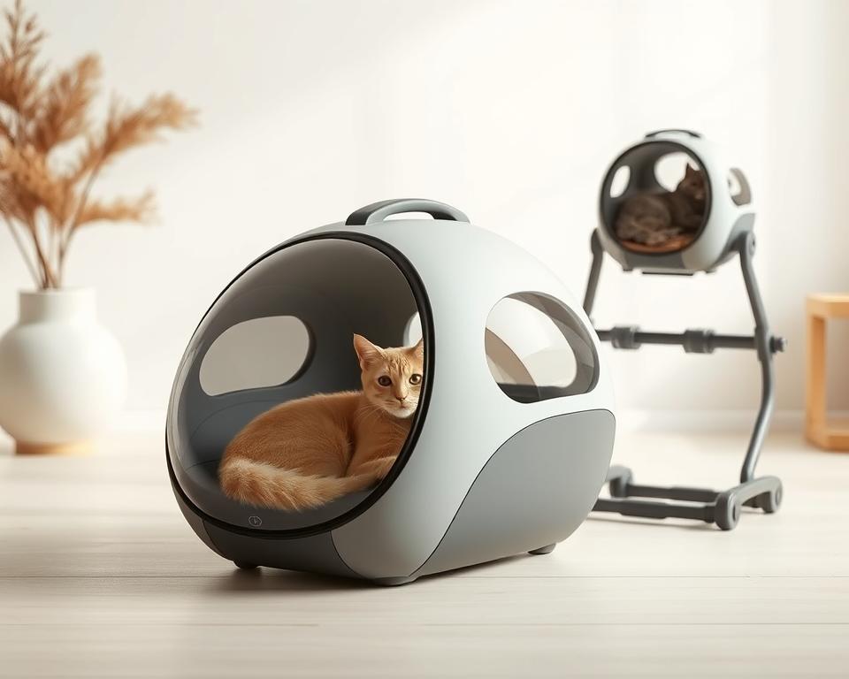 A sleek, modern cat carrier with a unique, innovative design. In the foreground, a stylized feline silhouette lounges comfortably within a well-ventilated, transparent dome. Gently curved lines and soft, muted colors create a sense of elegance and functionality. The middle ground features a modular, convertible frame that can be easily transformed to suit different travel needs, with discreet storage compartments and secure clasps. In the background, a minimalist, Scandinavian-inspired setting with clean, neutral tones accentuates the carrier's modern aesthetic. Soft, diffused lighting casts a warm, inviting glow, capturing the carrier's seamless integration of form and function.