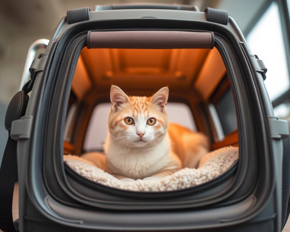 A sleek, modern cat carrier with a versatile design. A sturdy frame in a neutral grey color supports a soft, mesh-paneled enclosure. The carrier has multiple access points, including a top-loading door and side panels that can be unzipped for easy entry. Plush, removable bedding provides comfort for the feline passenger. Adjustable shoulder straps and reinforced handles allow for comfortable, hands-free carrying. Discreet storage compartments keep essentials organized. Soft lighting from above illuminates the interior, creating a cozy, secure environment for the cat. Photographed from a low angle, with a shallow depth of field to draw the eye to the carrier's key features.