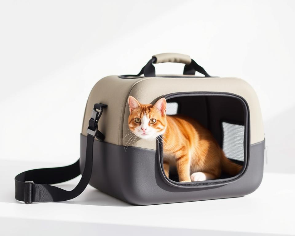A sleek, modern cat travel carrier resting on a clean, white background. The carrier is made of durable, lightweight materials with a mesh panel for ventilation. The design features convenient top and side handles, as well as a sturdy, adjustable strap for comfortable carrying. The carrier is bathed in soft, natural lighting, showcasing its premium craftsmanship and attention to detail. The overall aesthetic is minimalist and stylish, embodying the reliable and convenient nature of a top-rated cat carrier product.