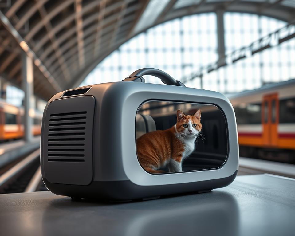 A sleek, modern cat travel carrier rests on a train platform, its sophisticated design complementing the minimalist architecture surrounding it. Soft lighting filters through large windows, casting a warm glow on the carrier's smooth, matte finish. The carrier's ample ventilation and discreet carrying handles suggest it is both practical and comfortable for the feline passenger. In the background, the clean lines of the station's interior create a serene, efficient atmosphere, perfectly suited for the discerning UK traveler and their beloved companion.