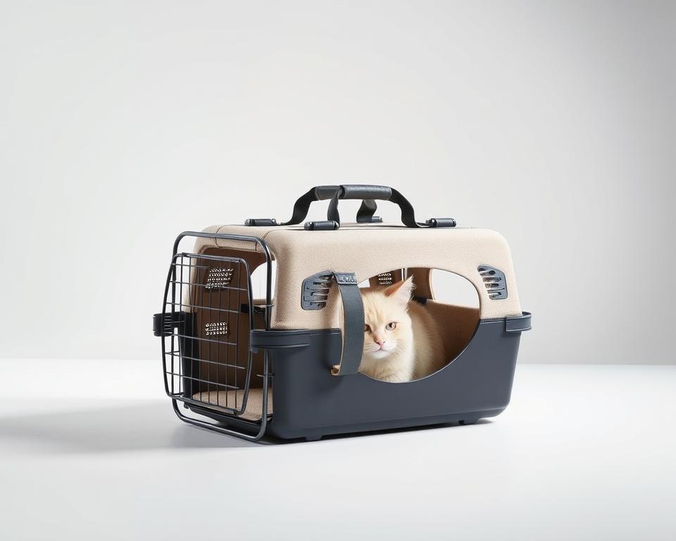 A sleek, modern dual cat carrier featuring a sturdy metal frame and soft, plush interior. The carrier is designed to comfortably accommodate two felines, with separate compartments and ventilation panels for their individual comfort. Soft-touch zippers and padded handles provide ease of use. The carrier is positioned in a well-lit, airy studio setting, showcasing its premium construction and attention to detail. Soft, directional lighting highlights the carrier's distinct lines and textured materials, creating a high-end, professional appearance. The overall mood is one of quality, practicality, and care for the needs of discerning cat owners.