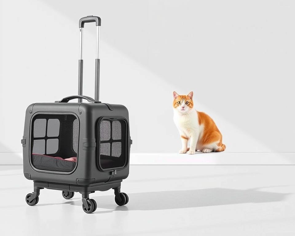 A sleek, modern wheeled cat carrier stands prominently in the foreground, its sturdy yet lightweight frame designed for seamless mobility. The carrier features a transparent mesh panel, allowing your feline companion to comfortably observe their surroundings while ensuring proper ventilation. Ergonomic handles and a retractable telescoping handle enable effortless maneuverability, while the smooth-rolling wheels glide across various surfaces. In the middle ground, the carrier's interior is meticulously appointed with a plush, cushioned pad, ensuring your cat's comfort during travel. The background depicts a clean, minimalist setting, emphasizing the carrier's refined aesthetics and practical functionality, perfectly suited for the "Essential Features to Look for in a Cat Carrier with Wheels" section.