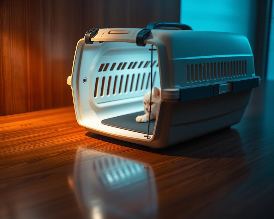 A sleek, secure feline carrier rests on a polished wooden surface, its sturdy construction and well-designed locking mechanisms visible. Soft, padded interior with ample ventilation offers comfort and safety for the cat. The carrier is illuminated by warm, directional lighting, creating a sense of premium quality. Smooth, reflective surfaces and clean lines convey a modern, sophisticated aesthetic. A high-quality, full-frame camera lens captures the carrier from a slightly elevated angle, highlighting its secure and protective features. An atmosphere of reliability and trustworthiness pervades the scene, suggesting a premium product designed to transport feline companions with the utmost care.