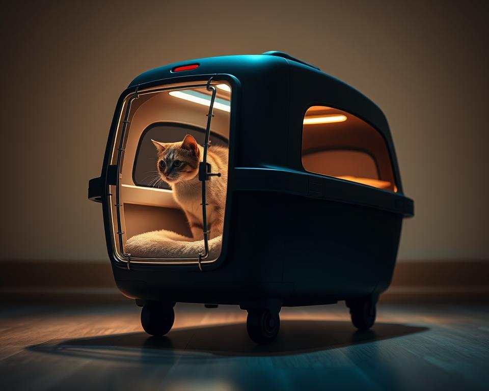 A sleek, sturdy cat carrier with smooth rolling wheels glides effortlessly across the floor. The carrier's durable shell is crafted from high-quality materials, providing a comfortable and secure enclosure for your feline companion. The front panel features a transparent window, allowing your cat to observe their surroundings while maintaining a sense of safety. Soft, padded interior cushions offer a cozy resting spot, while the top-loading design ensures easy access. Illuminated by warm, diffused lighting, the carrier's elegant silhouette casts a subtle glow, creating a calming and inviting atmosphere. Captured from a low, dynamic angle, the image conveys the carrier's practical versatility and the effortless transportation it provides for your beloved pet.