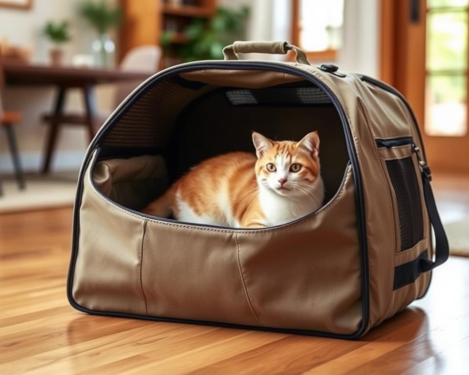 A sleek, stylish cat carrier sack with a comfortable, well-ventilated design, sitting on a hardwood floor in a warm, cozy home interior. The sack is made of high-quality, durable materials in a neutral, earthy tone that complements the natural decor. Soft, diffused lighting from a nearby window casts a gentle glow, highlighting the smooth texture and refined details of the carrier. In the foreground, the sack appears inviting and secure, ready to transport a beloved feline companion with ease and style. The scene conveys a sense of comfort, practicality, and thoughtful design.