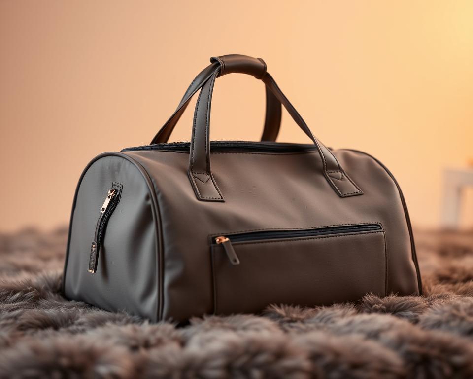 A sleek, stylish pet travel bag rests on a plush surface, its soft sides and structured frame showcasing its versatility. The bag is crafted from high-quality materials, with durable zippers and reinforced handles for easy transport. Soft padding lines the interior, providing a comfortable and secure space for your feline companion. Subtle design elements, such as metallic accents and a minimalist silhouette, give the bag a refined, modern aesthetic. Soft, warm lighting bathes the scene, creating a welcoming and calming atmosphere. The travel bag is positioned in the foreground, with a blurred, neutral background that allows the product to take center stage.